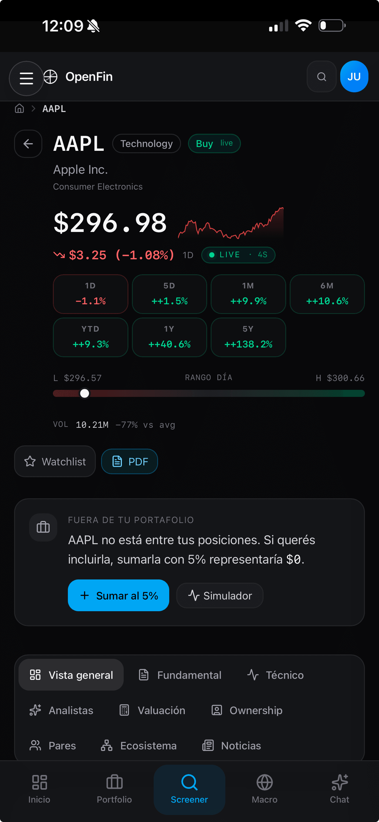 OpenFin mobile · stock detail AAPL con live data, sparkline y tabs